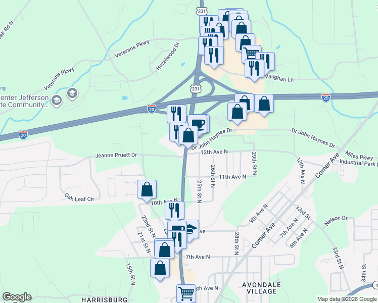 map of restaurants, bars, coffee shops, grocery stores, and more near 2401 12th Avenue North in Pell City