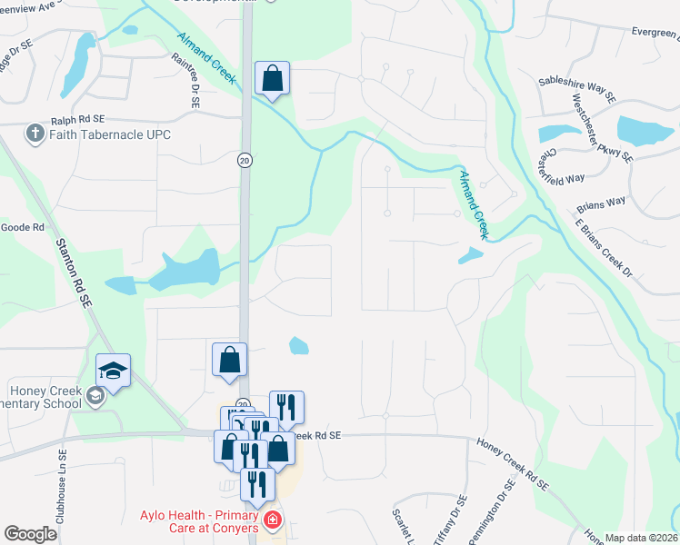 map of restaurants, bars, coffee shops, grocery stores, and more near 1080 Duke Drive Southeast in Conyers