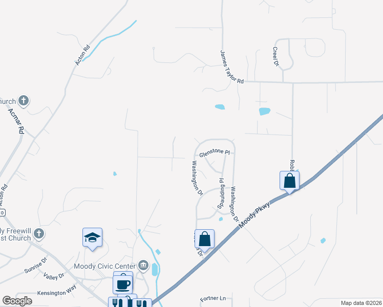 map of restaurants, bars, coffee shops, grocery stores, and more near 1244 Washington Drive in Moody