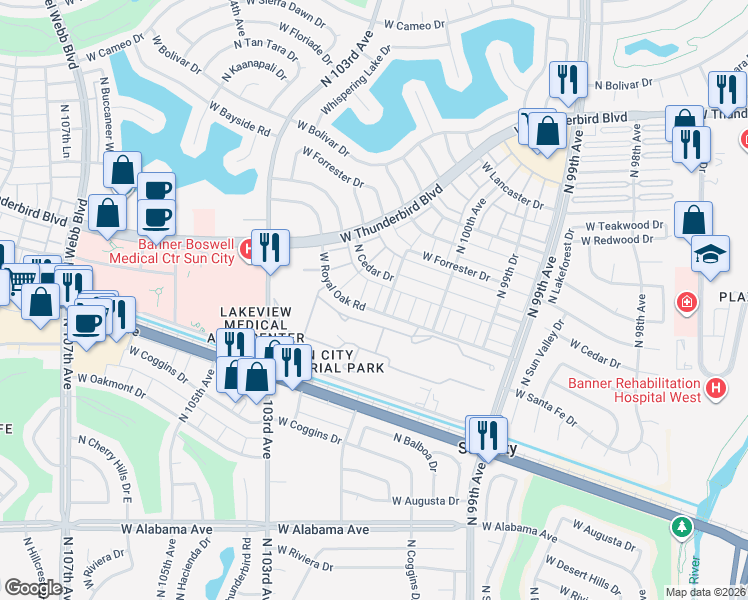 map of restaurants, bars, coffee shops, grocery stores, and more near 13018 North 100th Drive in Sun City