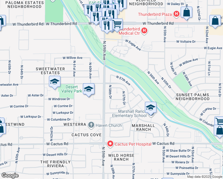 map of restaurants, bars, coffee shops, grocery stores, and more near 5823 West Aster Drive in Glendale