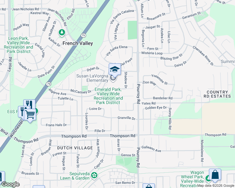 map of restaurants, bars, coffee shops, grocery stores, and more near 35667 Capri Drive in Winchester