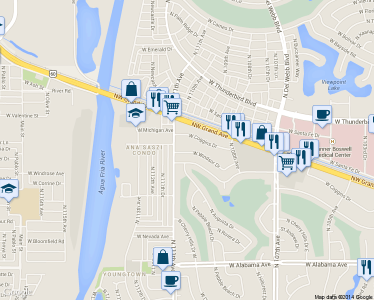 map of restaurants, bars, coffee shops, grocery stores, and more near 11024 West Windsor Drive in Sun City