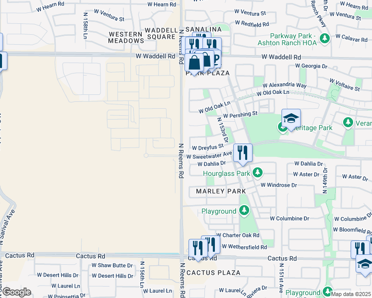 map of restaurants, bars, coffee shops, grocery stores, and more near 13024 North 154th Lane in Surprise