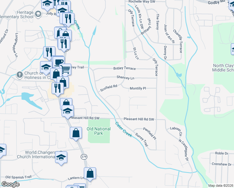 map of restaurants, bars, coffee shops, grocery stores, and more near 5690 Montilly Circle in College Park