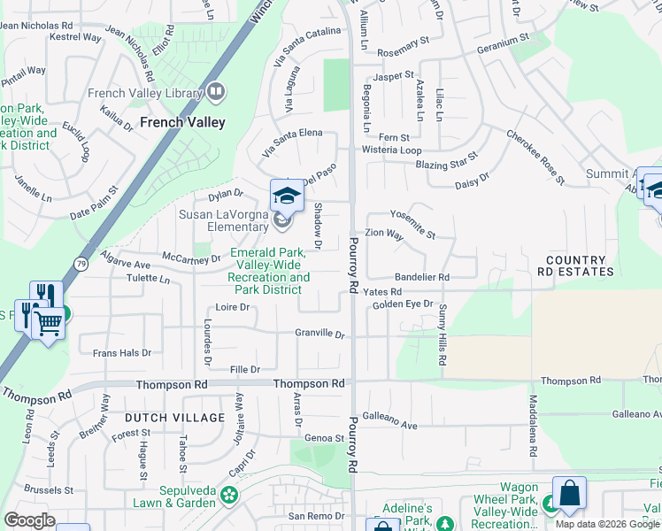map of restaurants, bars, coffee shops, grocery stores, and more near 31954 Odyssey Drive in Winchester