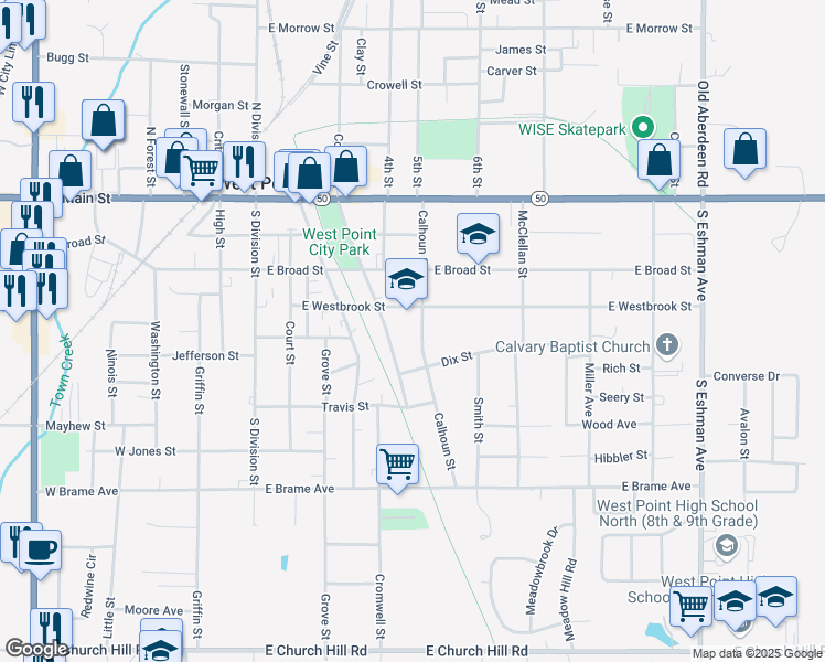 map of restaurants, bars, coffee shops, grocery stores, and more near 634 East Westbrook Street in West Point