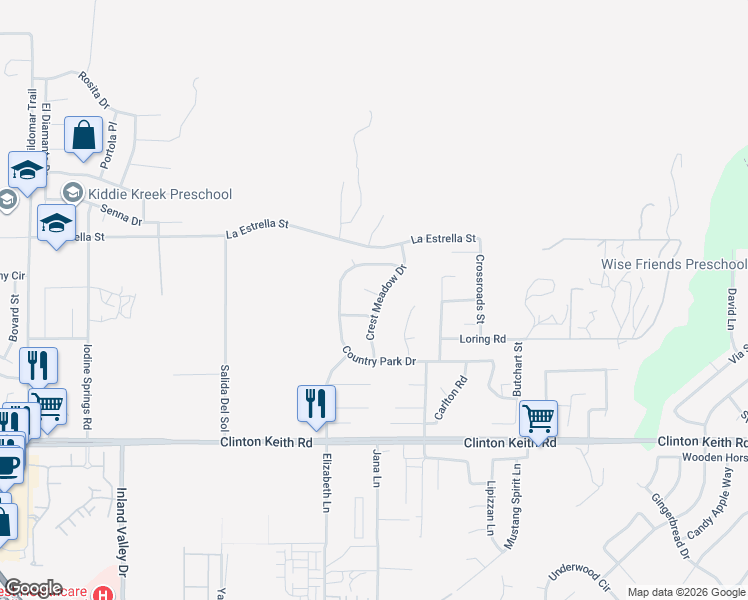 map of restaurants, bars, coffee shops, grocery stores, and more near 24869 River Oak Court in Wildomar