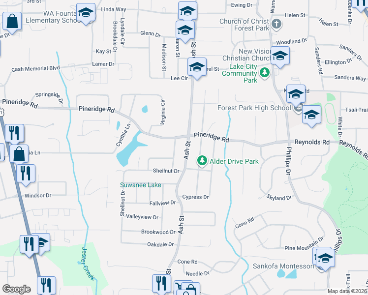 map of restaurants, bars, coffee shops, grocery stores, and more near 5553 Ash Street in Forest Park