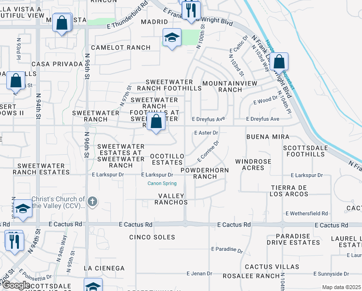 map of restaurants, bars, coffee shops, grocery stores, and more near 9891 East Windrose Drive in Scottsdale