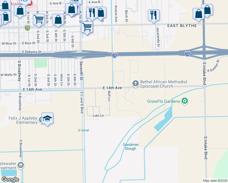 map of restaurants, bars, coffee shops, grocery stores, and more near 1176 East 14th Avenue in Blythe