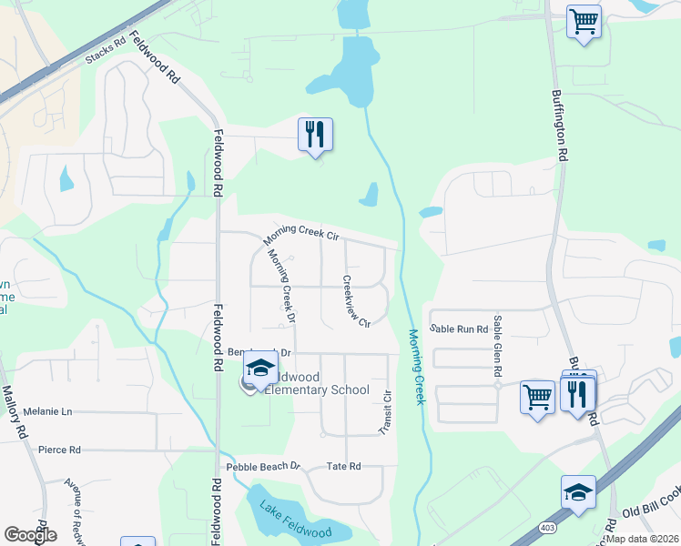map of restaurants, bars, coffee shops, grocery stores, and more near 3800 Creekview Circle in College Park