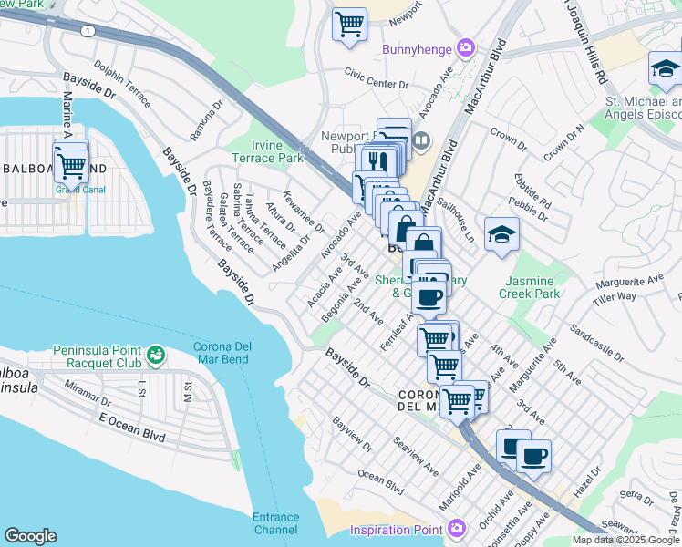 map of restaurants, bars, coffee shops, grocery stores, and more near 508 Acacia Avenue in Newport Beach