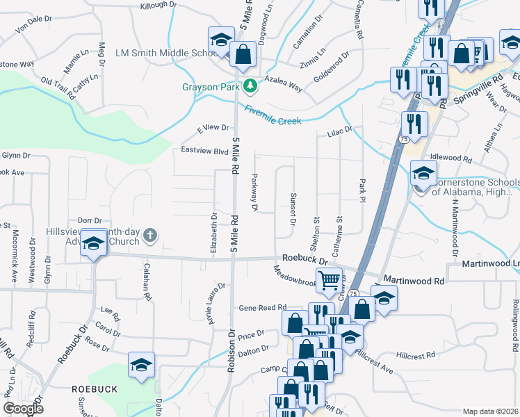 map of restaurants, bars, coffee shops, grocery stores, and more near 915 Parkway Drive in Birmingham