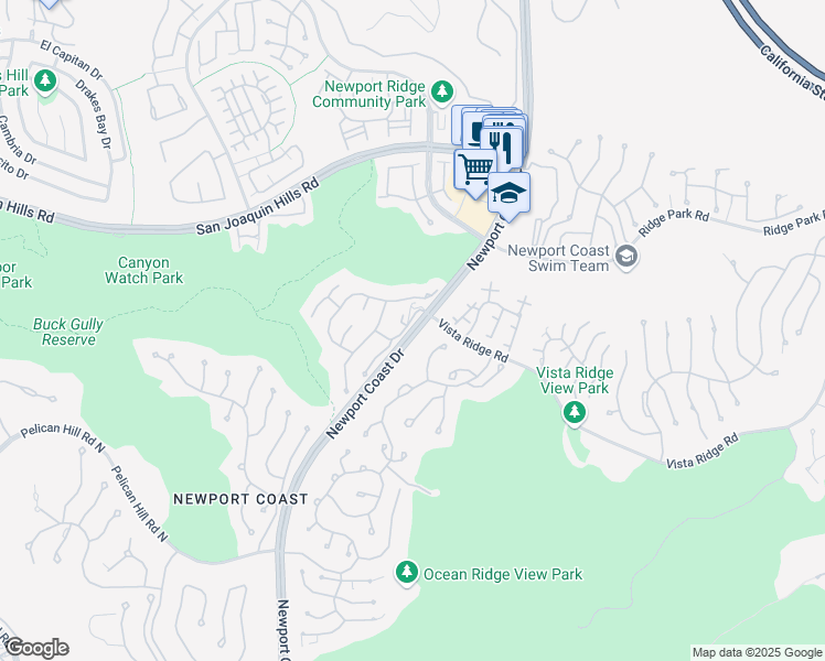 map of restaurants, bars, coffee shops, grocery stores, and more near Newport Coast Drive in Orange County