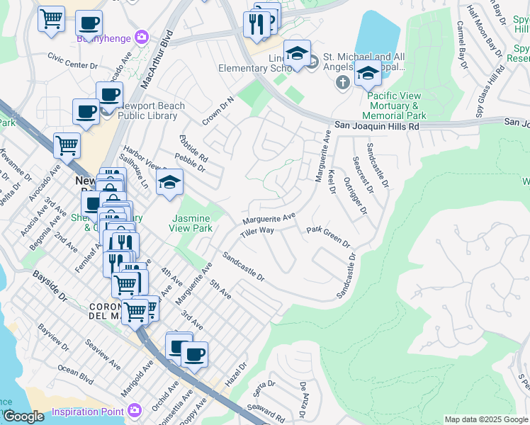 map of restaurants, bars, coffee shops, grocery stores, and more near 10 White Water Drive in Newport Beach
