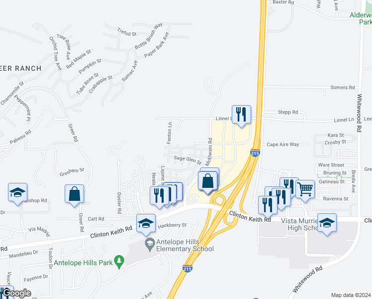 map of restaurants, bars, coffee shops, grocery stores, and more near 27625 Desert Gold Court in Murrieta