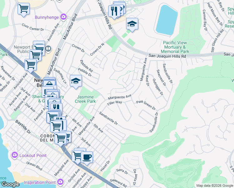 map of restaurants, bars, coffee shops, grocery stores, and more near 8 White Water Drive in Newport Beach