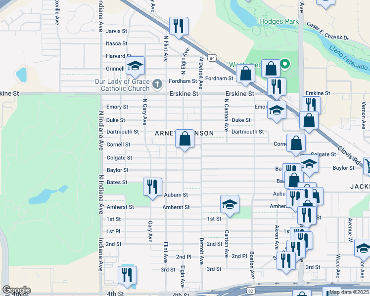 map of restaurants, bars, coffee shops, grocery stores, and more near 2939 Cornell Street in Lubbock