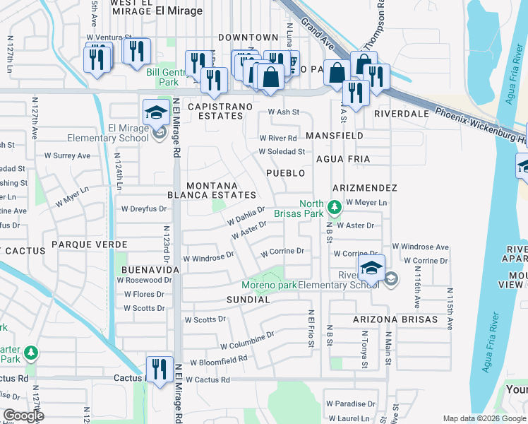 map of restaurants, bars, coffee shops, grocery stores, and more near 12031 West Dahlia Drive in El Mirage