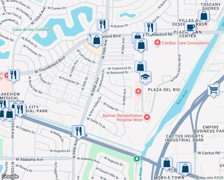 map of restaurants, bars, coffee shops, grocery stores, and more near 9842 West Emberwood Drive in Sun City