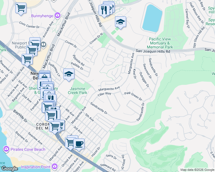 map of restaurants, bars, coffee shops, grocery stores, and more near 10 White Water Drive in Newport Beach