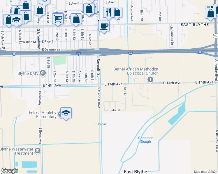 map of restaurants, bars, coffee shops, grocery stores, and more near 840 East 14th Avenue in Blythe