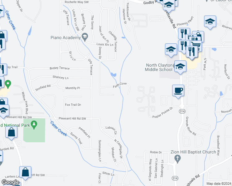 map of restaurants, bars, coffee shops, grocery stores, and more near 5522 Denny Drive in Atlanta