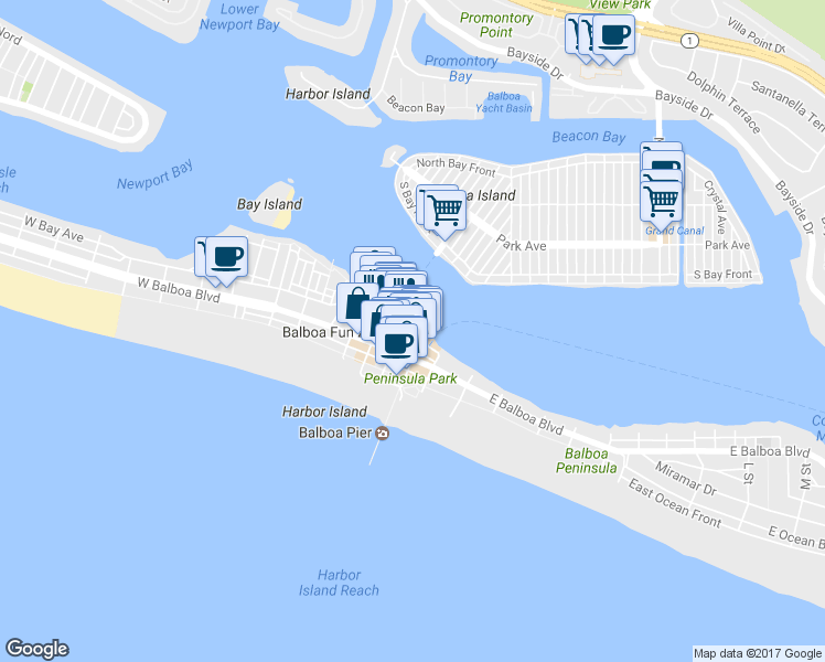 map of restaurants, bars, coffee shops, grocery stores, and more near 705 E Edgewater Ave in Newport Beach