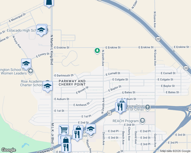 map of restaurants, bars, coffee shops, grocery stores, and more near 1930 East Cornell Street in Lubbock