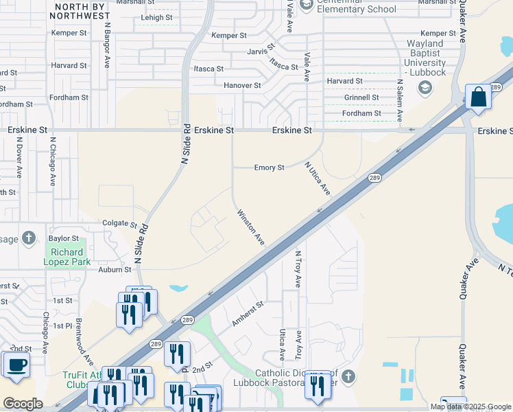 map of restaurants, bars, coffee shops, grocery stores, and more near in Lubbock