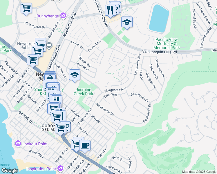 map of restaurants, bars, coffee shops, grocery stores, and more near 8 White Water Drive in Newport Beach