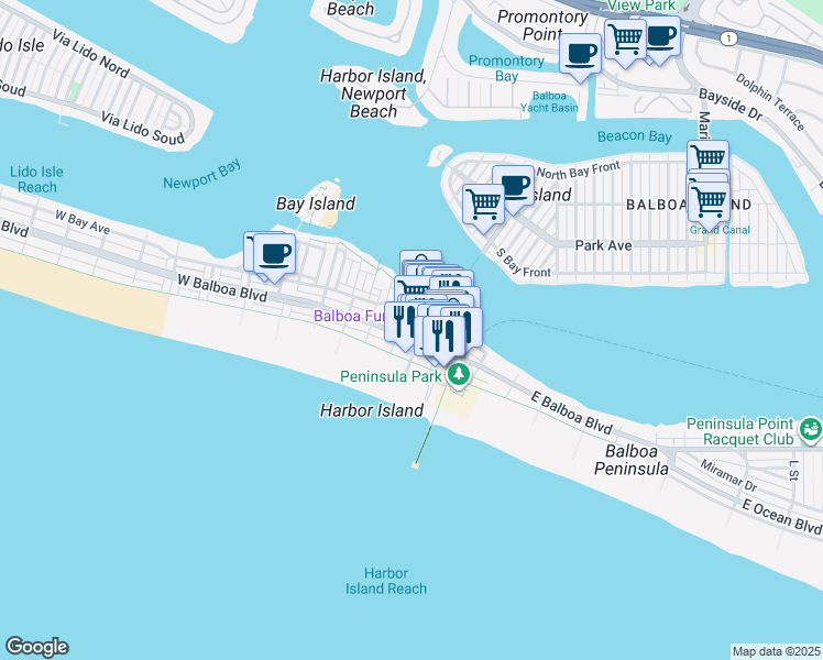 map of restaurants, bars, coffee shops, grocery stores, and more near 204 Adams Street in Newport Beach