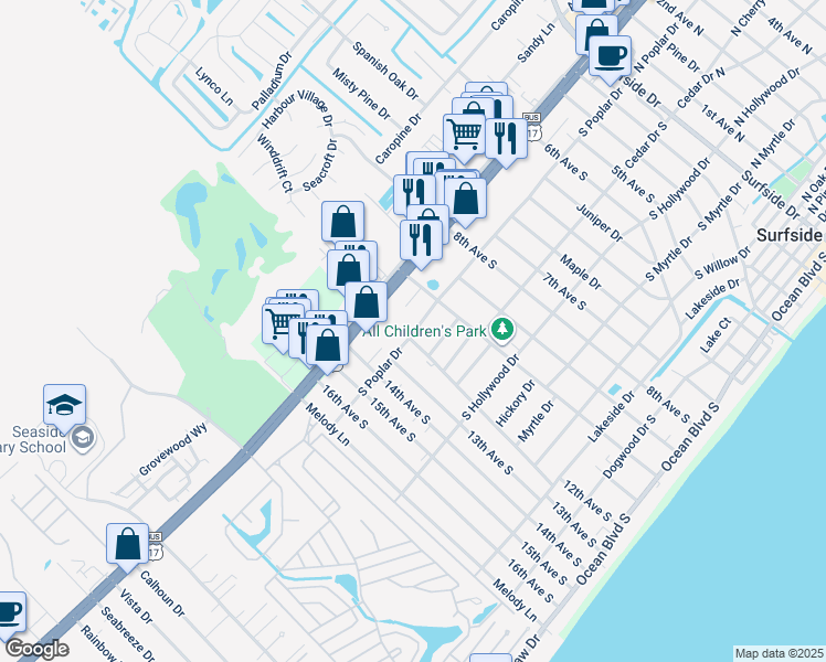 map of restaurants, bars, coffee shops, grocery stores, and more near 1019 South Poplar Drive in Surfside Beach