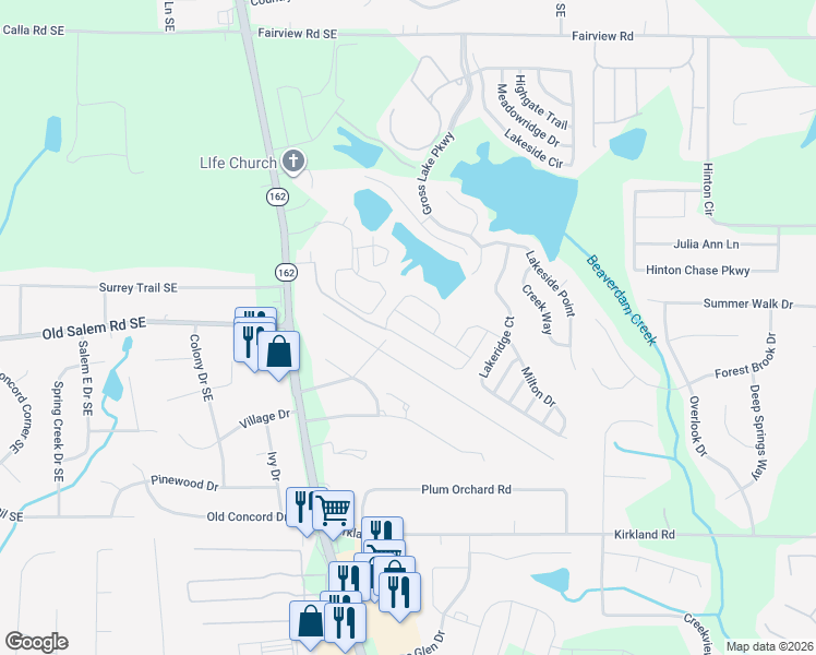 map of restaurants, bars, coffee shops, grocery stores, and more near 420 Barshay Drive in Covington