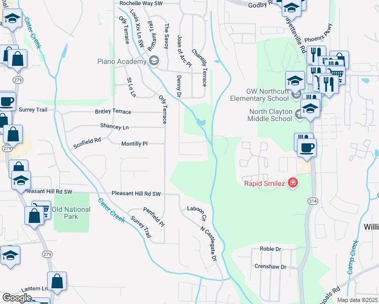 map of restaurants, bars, coffee shops, grocery stores, and more near 5484 Denny Drive in Atlanta