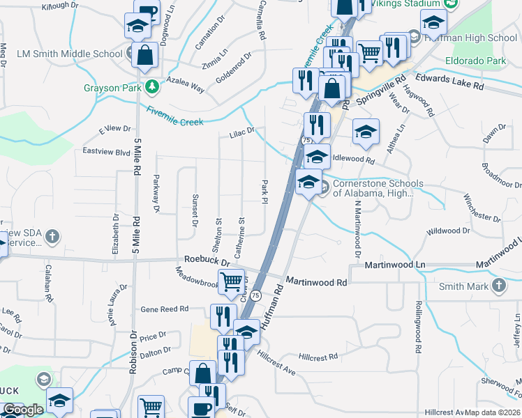 map of restaurants, bars, coffee shops, grocery stores, and more near 914 Park Place in Center Point