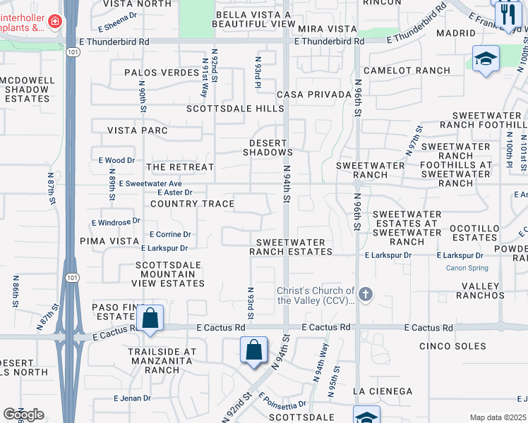map of restaurants, bars, coffee shops, grocery stores, and more near 9372 East Windrose Drive in Scottsdale