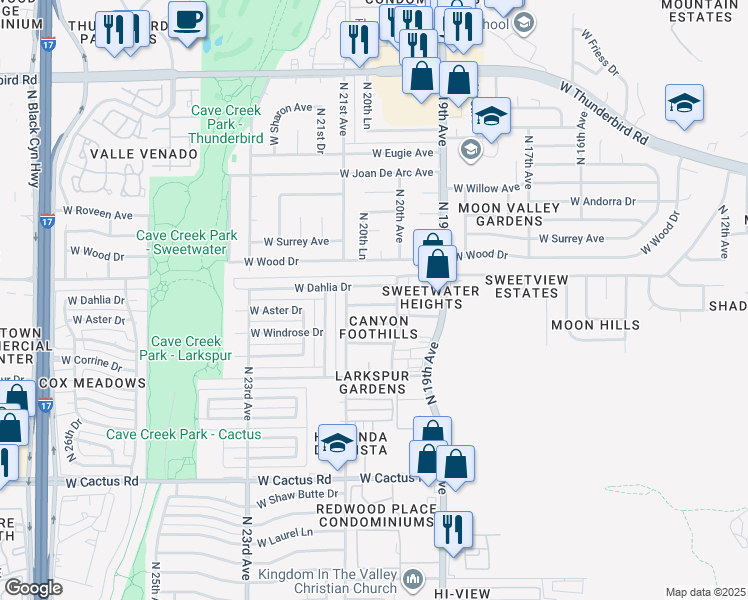 map of restaurants, bars, coffee shops, grocery stores, and more near 2022 West Aster Drive in Phoenix