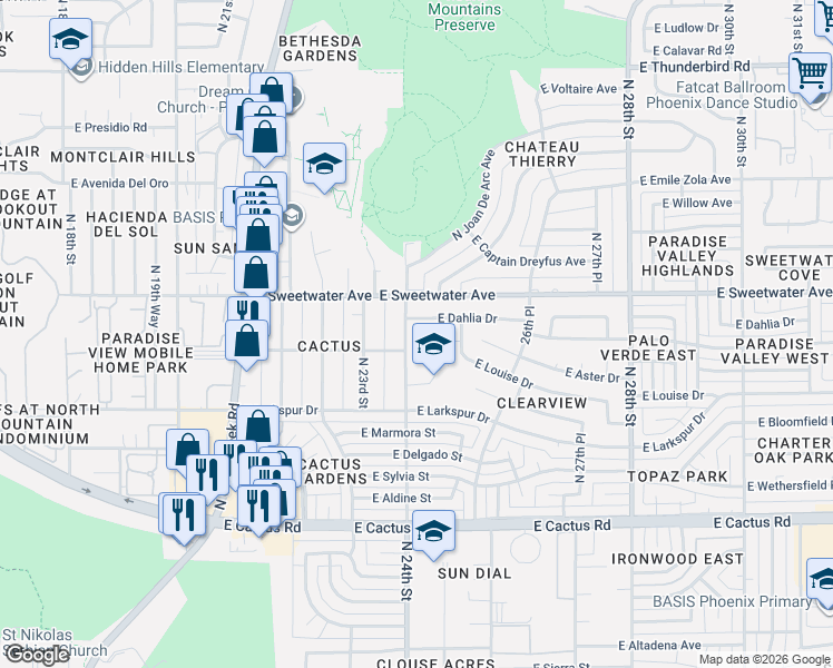 map of restaurants, bars, coffee shops, grocery stores, and more near 2401 East Dahlia Drive in Phoenix
