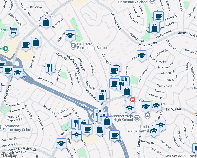 map of restaurants, bars, coffee shops, grocery stores, and more near 26001 Andrea Court in Mission Viejo