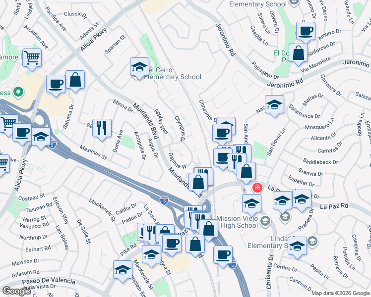 map of restaurants, bars, coffee shops, grocery stores, and more near 24731 Daphne East in Mission Viejo