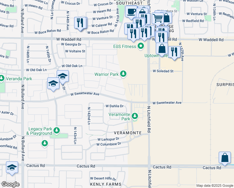 map of restaurants, bars, coffee shops, grocery stores, and more near 14097 West Valentine Street in Surprise