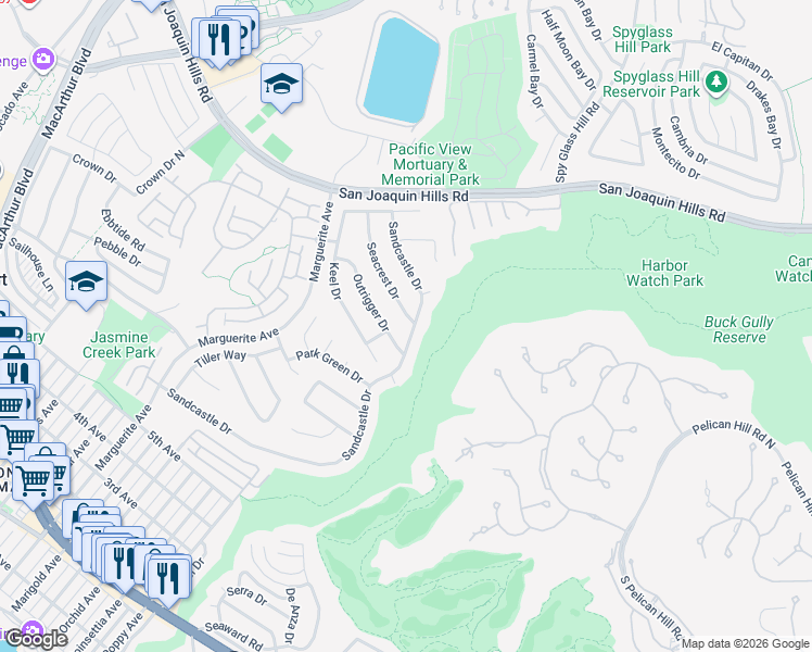 map of restaurants, bars, coffee shops, grocery stores, and more near 1201 Seacrest Drive in Newport Beach