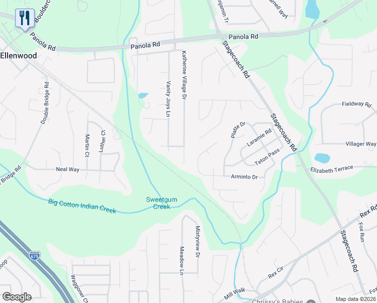 map of restaurants, bars, coffee shops, grocery stores, and more near 5540 Katherine Village Drive in Ellenwood