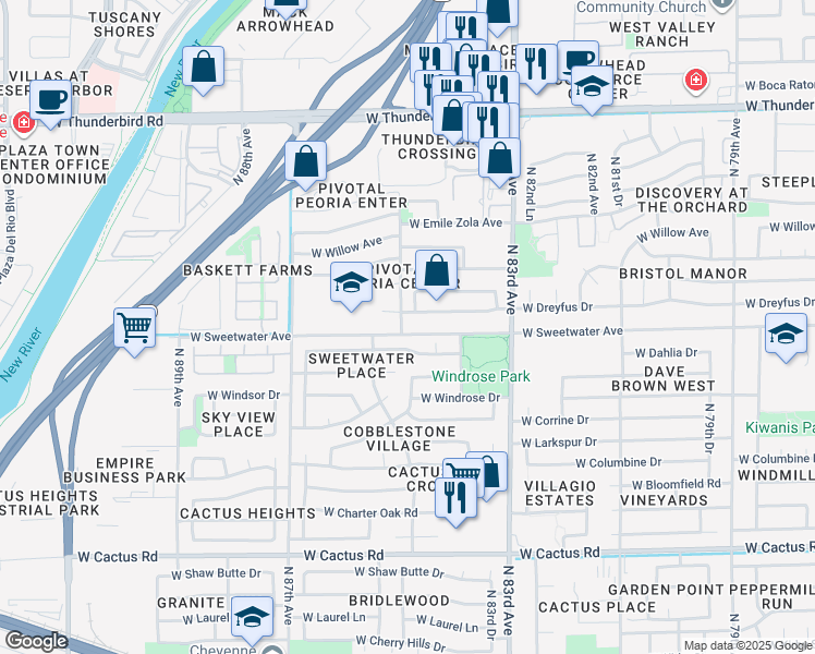 map of restaurants, bars, coffee shops, grocery stores, and more near 8450 West Sweetwater Avenue in Peoria