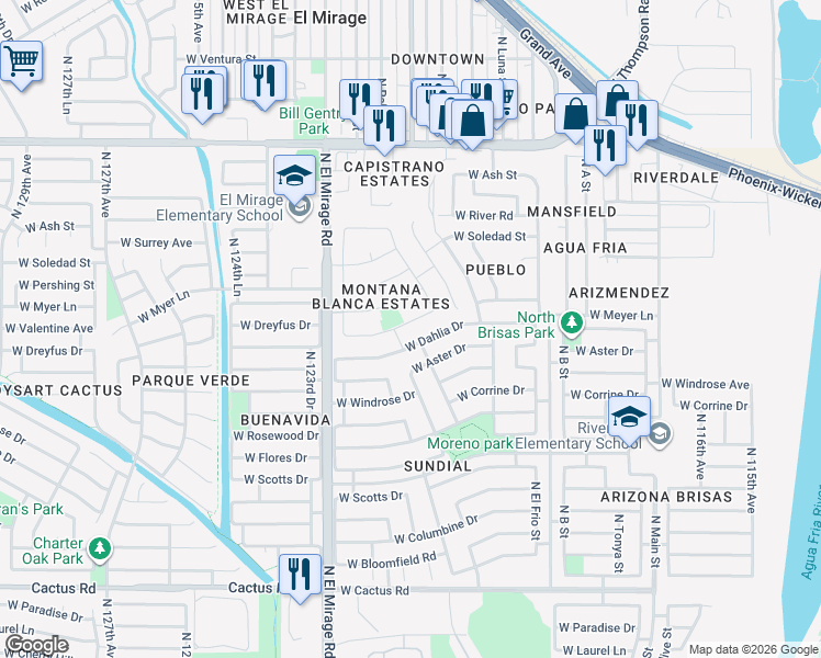 map of restaurants, bars, coffee shops, grocery stores, and more near 12101 W Dreyfus Dr in El Mirage