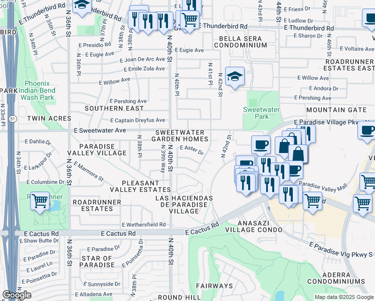 map of restaurants, bars, coffee shops, grocery stores, and more near 4031 East Aster Drive in Phoenix