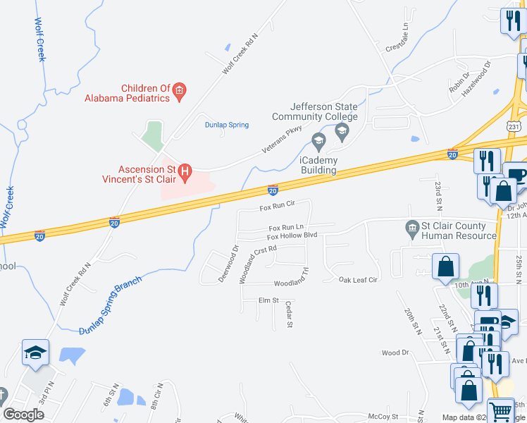 map of restaurants, bars, coffee shops, grocery stores, and more near 450 Fox Run Circle in Pell City