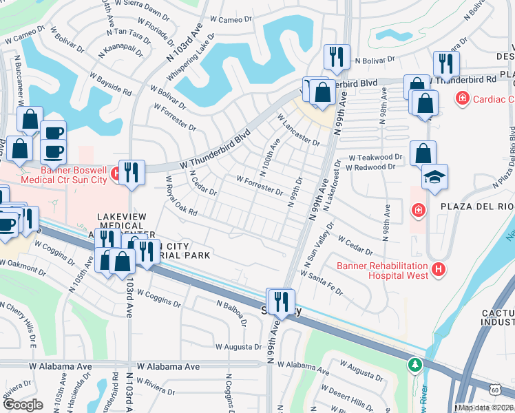 map of restaurants, bars, coffee shops, grocery stores, and more near 13049 North 100th Avenue in Sun City
